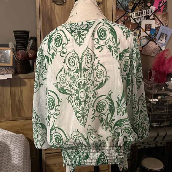 Sheer Ashley Steward Green & White Printed Blouse - 1X - Picture 3 of 4
